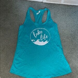 Teal Graphic Racerback Tank with White 'Lake Life' Print